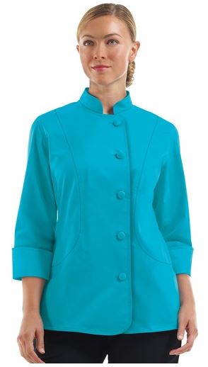 Chefuniforms.com New Female Chef Coat - Women's STRETCH Princess Seam Chef Coat in Turquoise - Fabric Covered Buttons - 55 42 3 Cotton Poly Spandex